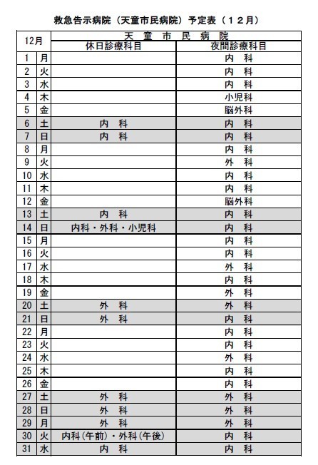 令和7年12月救急告示病院天童市民病院のよていひょうです。