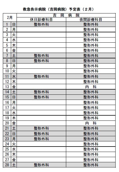 令和８年2月救急告示病院吉岡病院の予定表です。