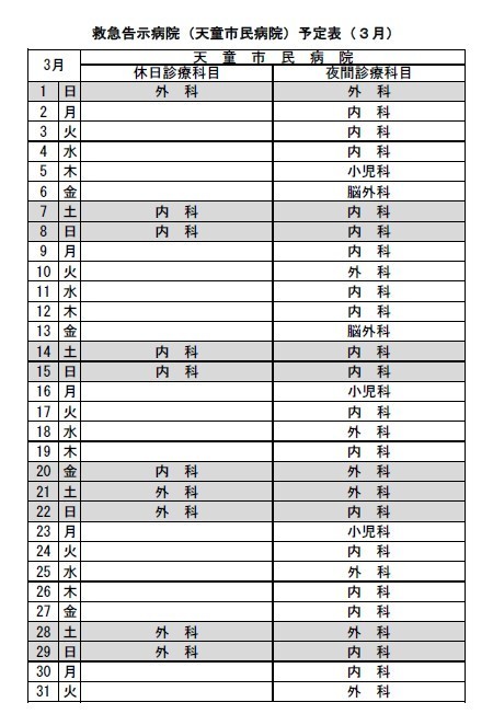 令和8年3月救急告示病院天童病院の予定表です。
