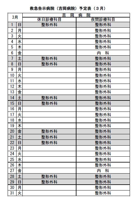 令和8年3月救急告示病院吉岡病院の予定表です。