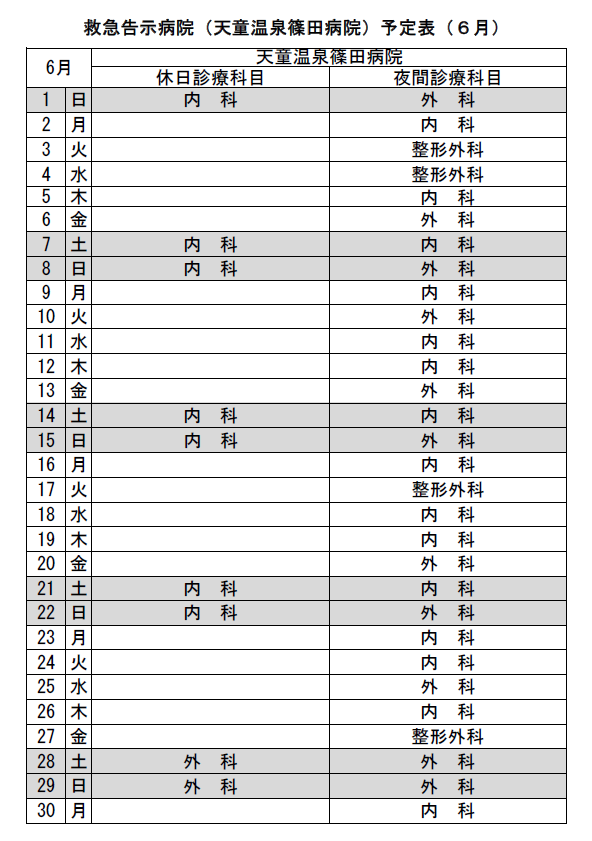 令和７年６月救急告示病院天童温泉篠田病院の予定表です。
