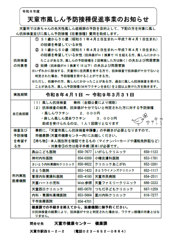 令和７年度風しん予防接種促進事業のおしらせです。
